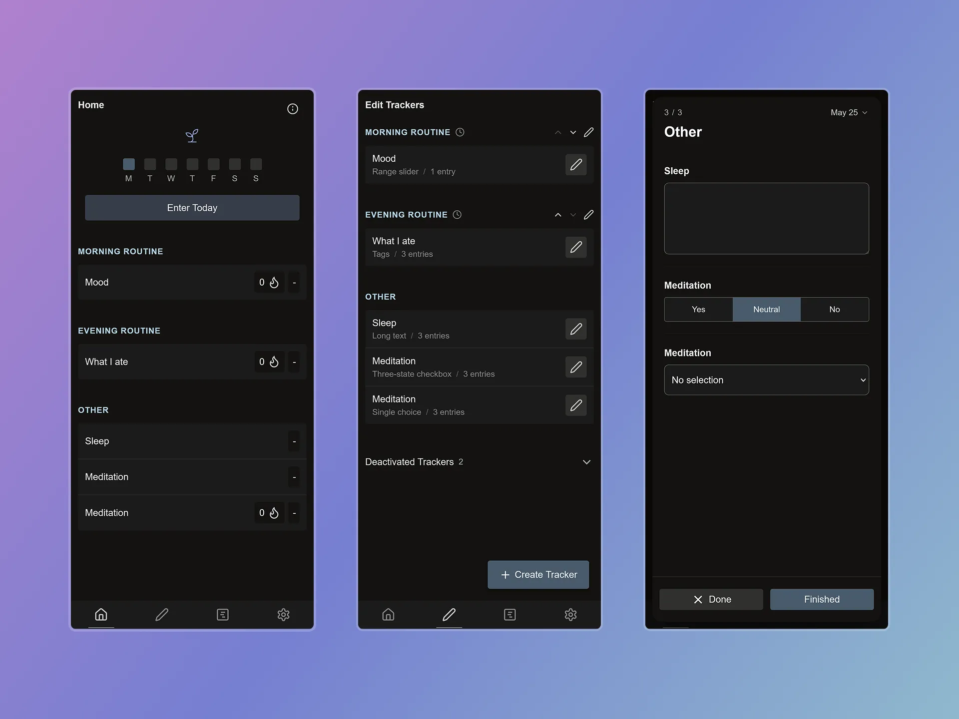 DailySelfTrack screenshots showing three different views on a vibrant gradient background