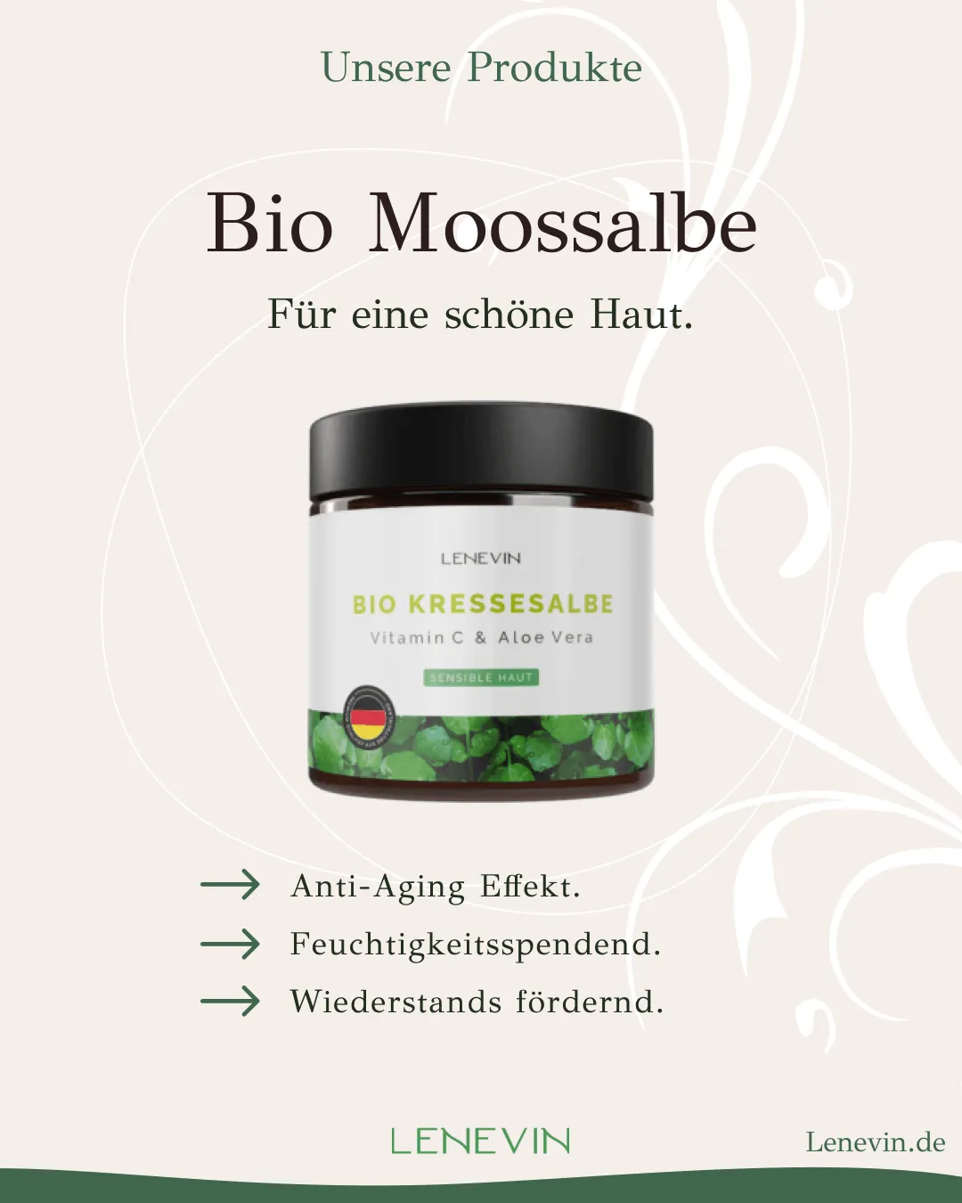 Lenevin Instagram product post for an organic cress salve, green botanical branding on a cream background