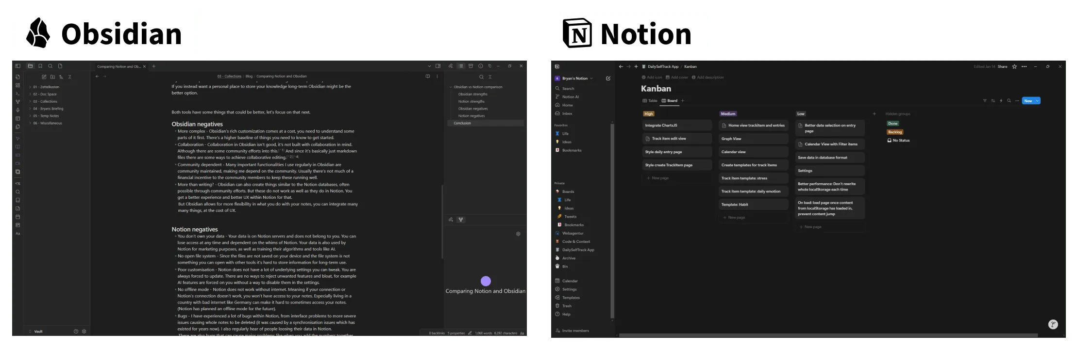 Obsidian and Notion interface side by side