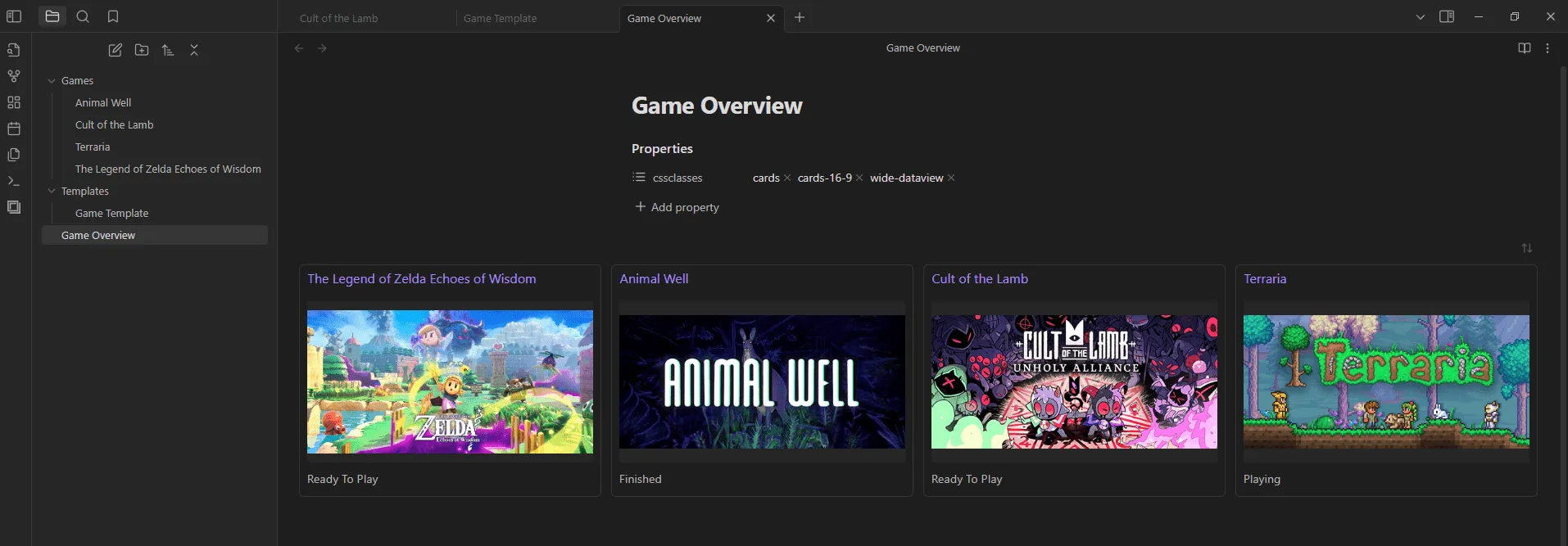 Obsidian game library view using the "Dataview" plugin