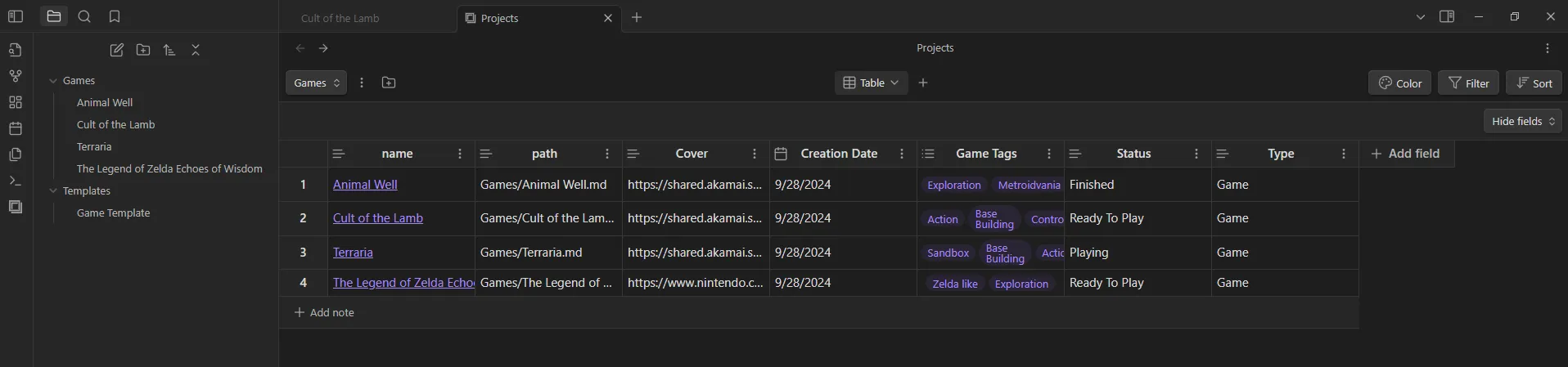 Obsidian Projects Table view