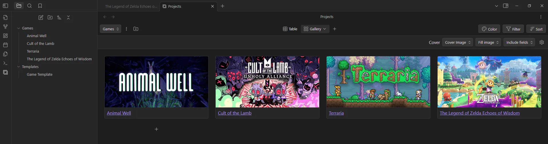Obsidian game library view using the "Projects" plugin