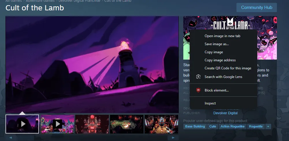 Steam Cult of the Lamb store page with right click on banner image example