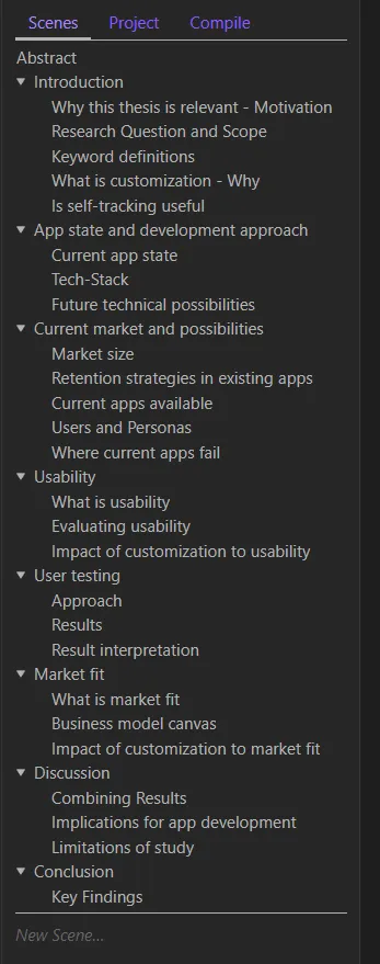 Longform plugin thesis structure in Obsidian screenshot