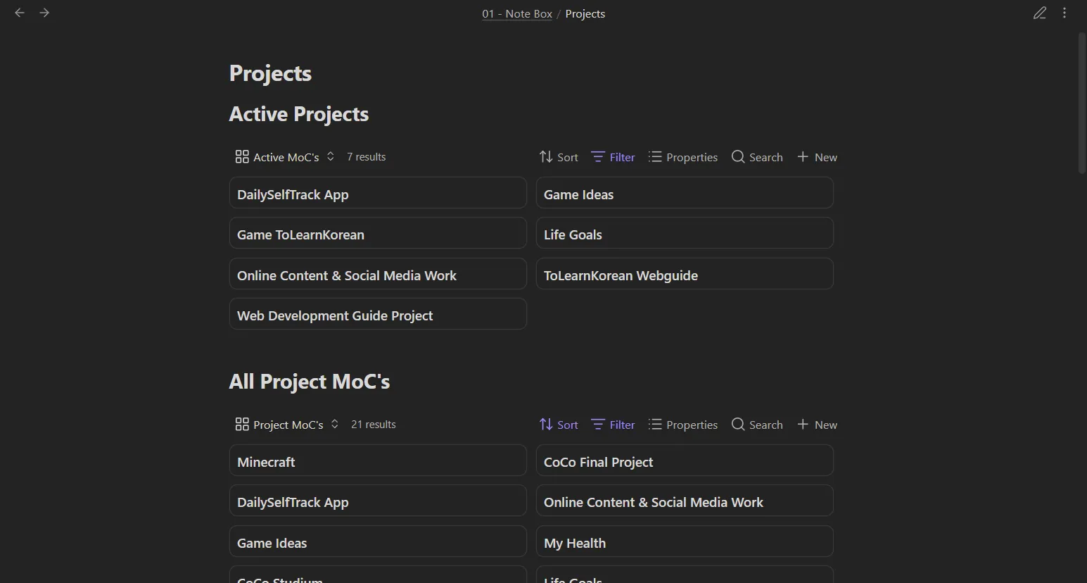 Obsidian vault projects overview structure