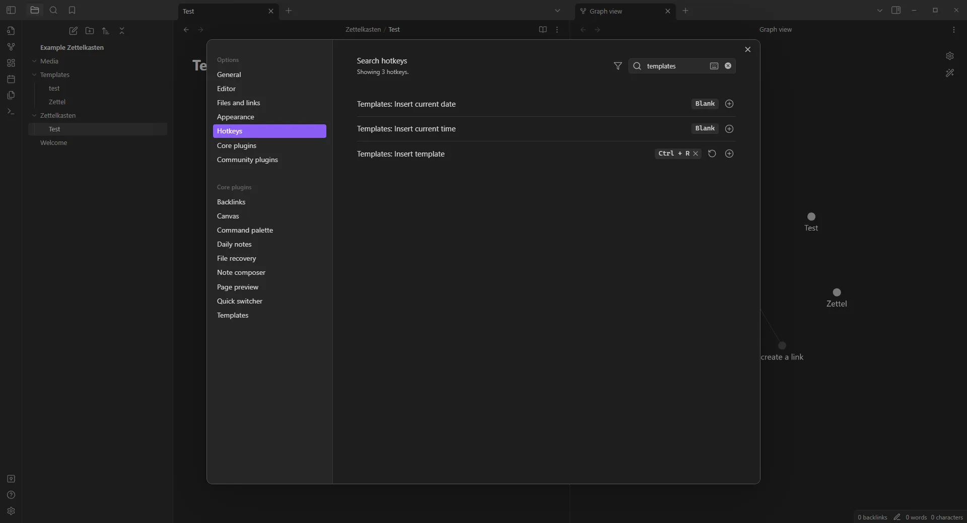 Screenshot of Obsidian program showing example of setting hotkey for inserting a template.