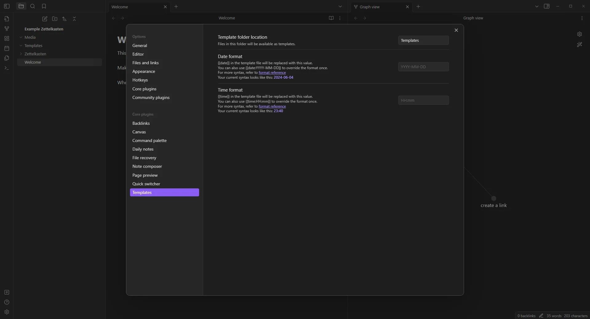 Screenshot of Obsidian program showing which setting to change to adjust the template folder location.
