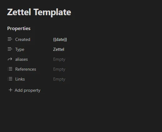 Screenshot of Obsidian program showing how the Zettel template looks like.