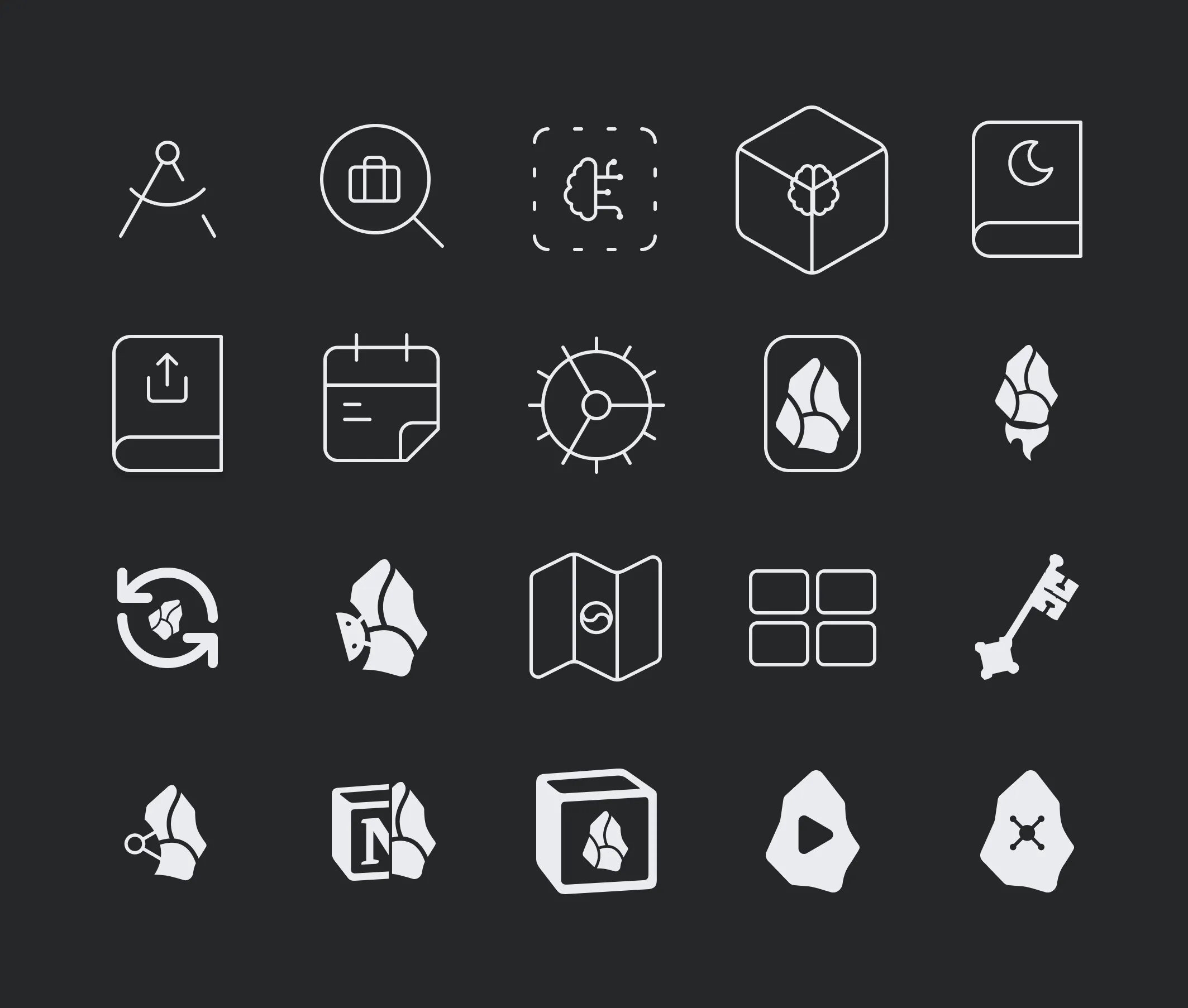 A grid of custom line and solid glyph icons on a dark background