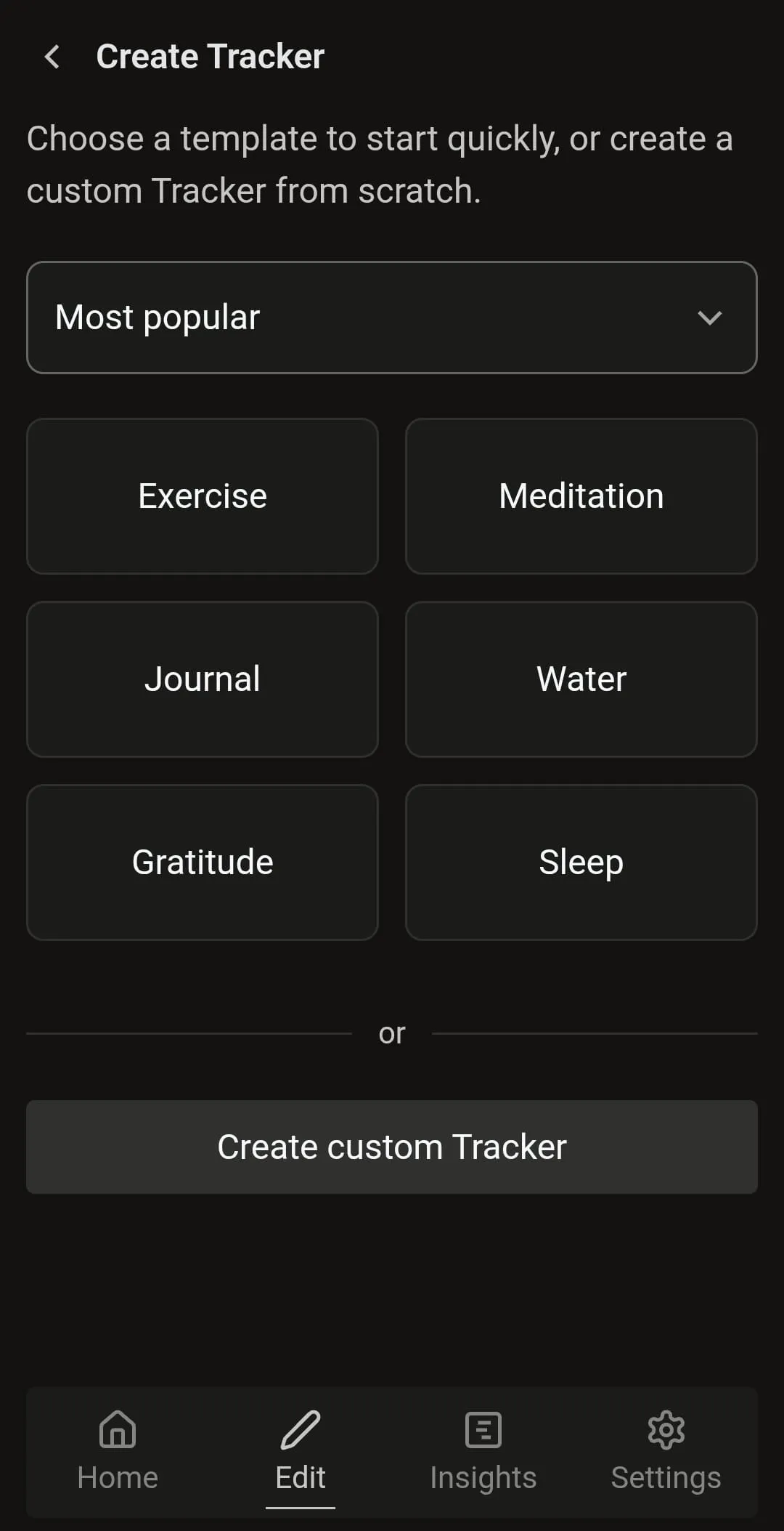 DailySelfTrack App screenshot of the create tracker view