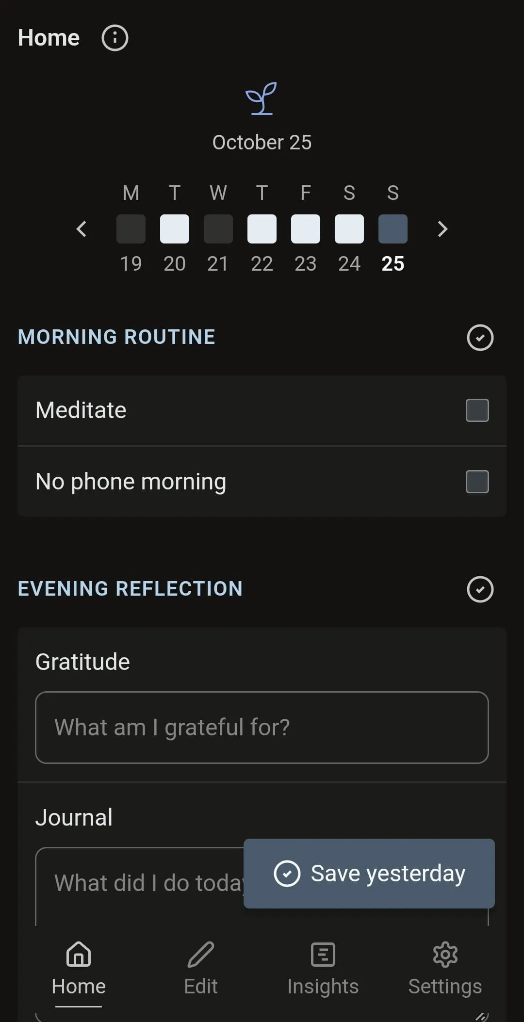 DailySelfTrack App screenshot of the home view