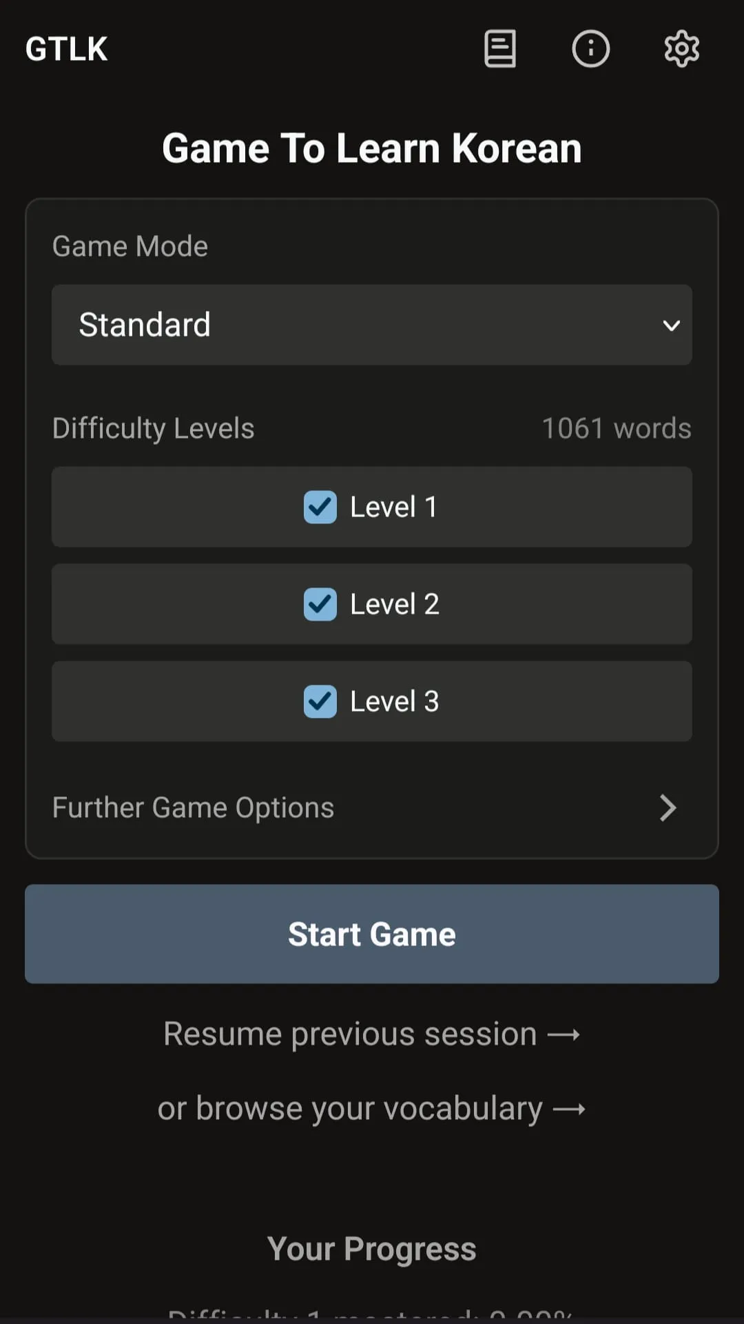 Screenshot of Game.ToLearnKorean.com showing the start view