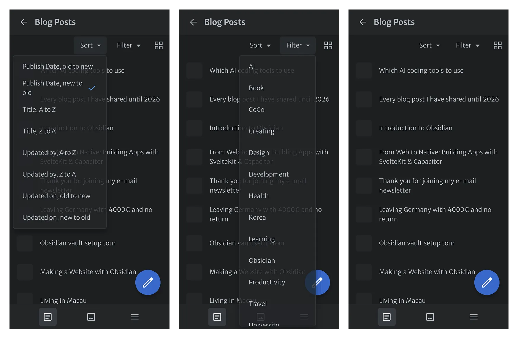 Showing three screenshots of how the Sveltia CMS UI looks displaying the blog posts of Bryan Hogan's blog